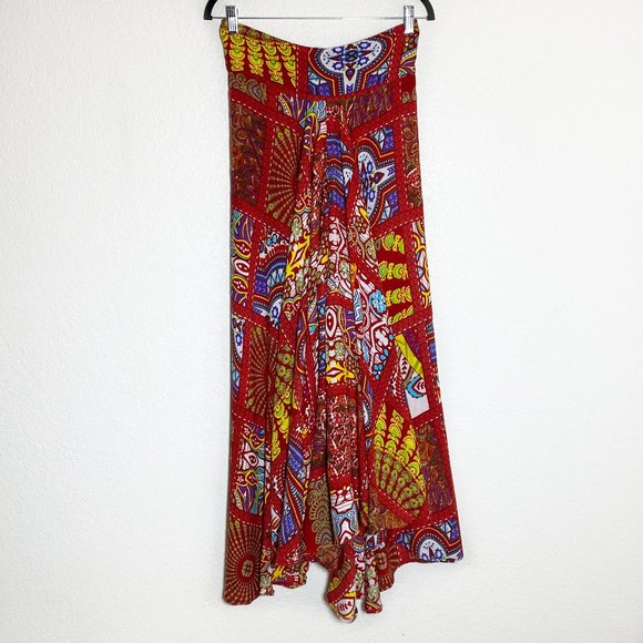 Retro Earthbound Trading Co. Boho Red Print Wide Leg Maxi Split Skirt Size M - Picture 4 of 7